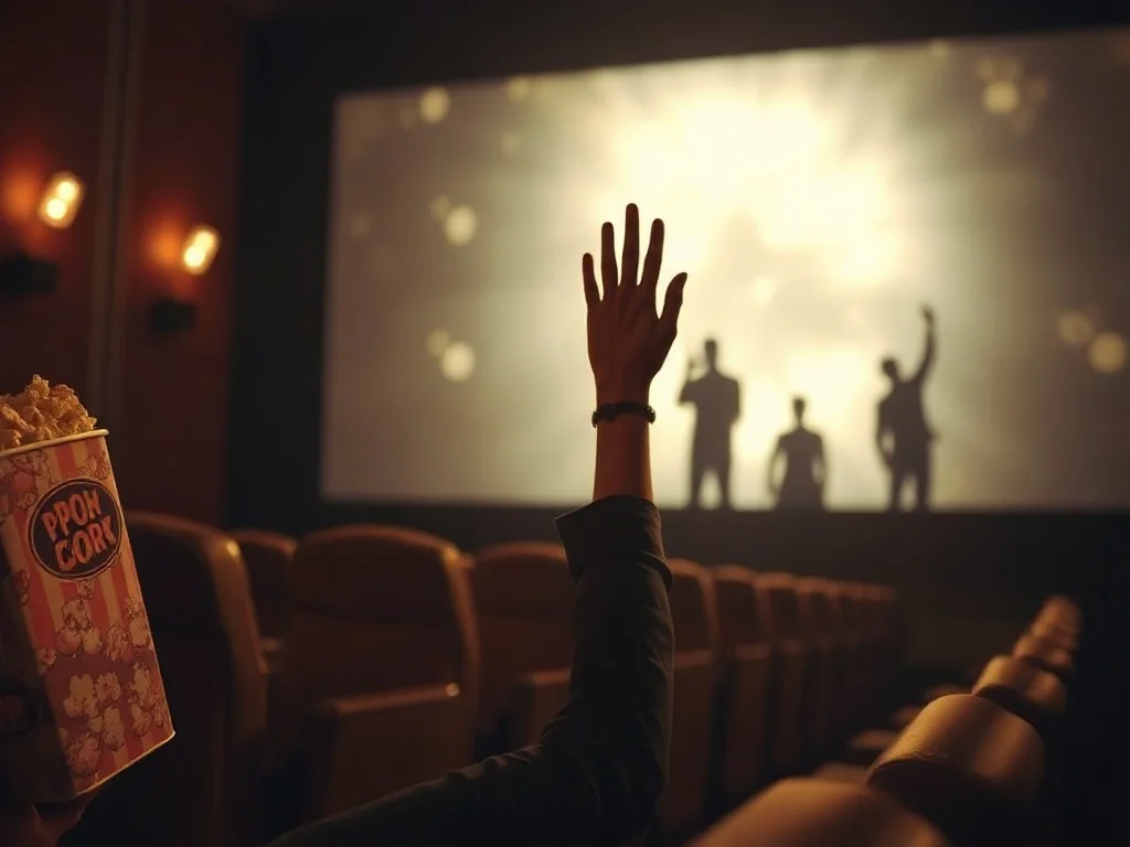 Zaskoczony widz z popcornem w kinie, wpatrzony w ekran, podkreślający szokujące filmowe zakończenie.