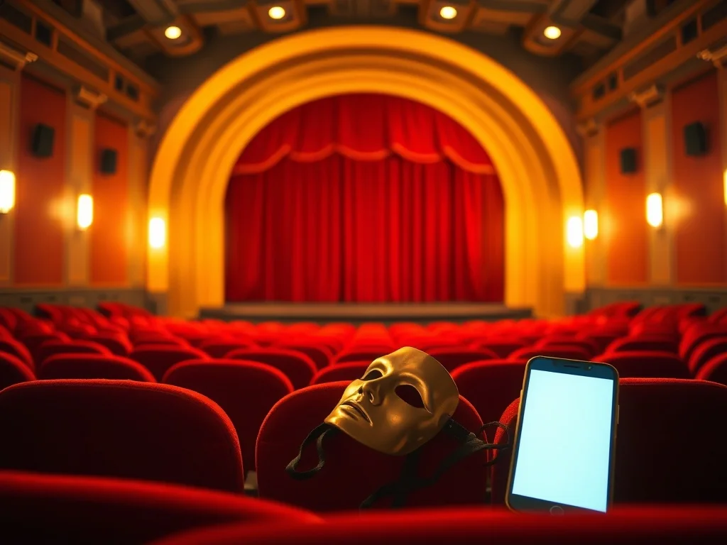 Pustawa, nowoczesna widownia teatralna; na oświetlonej scenie leżą obok siebie klasyczna maska i świecący smartfon.