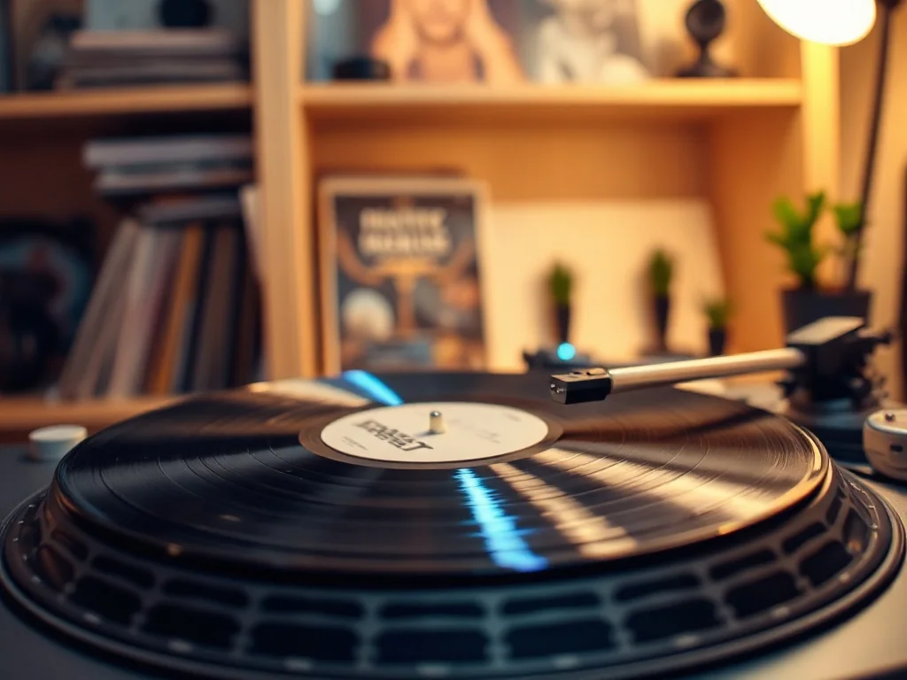 Nowoczesny gramofon z wirującym winylem w przytulnym studio, symbol nowych, ciekawych debiutów muzycznych.