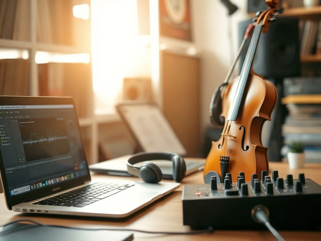 Nowoczesne stanowisko producenta muzycznego łączące laptop, MIDI i mikser z klasycznymi winylami oraz skrzypcami w tle.