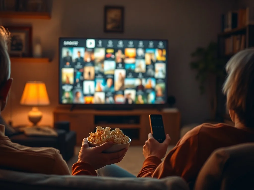 Osoba z popcornem na kanapie wieczorem ogląda telewizję, w tle półki z filmami – przytulna, kinowa atmosfera w domu.