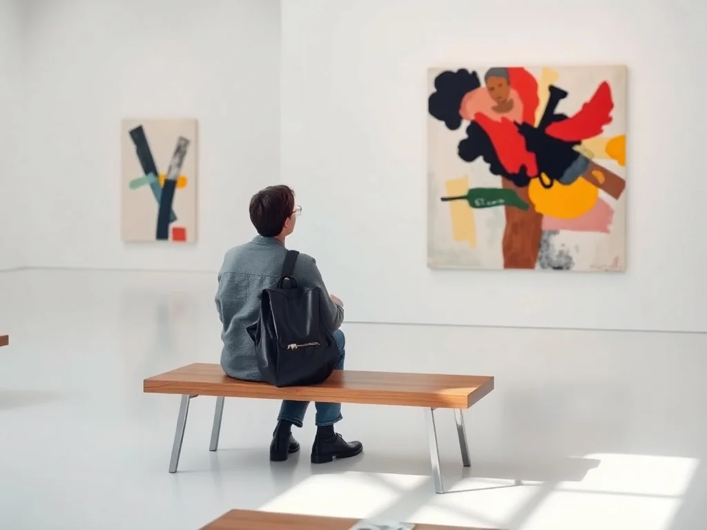 Osoba zamyślona siedzi w minimalistycznej galerii, wpatrując się w abstrakcyjny kolorowy obraz na białej ścianie.