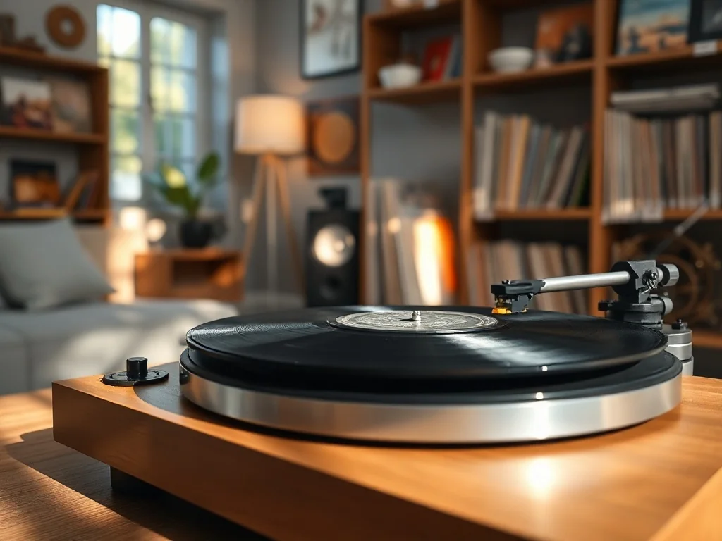 Gramofon z wirującą winylową płytą w przytulnym salonie, symbol klasycznych albumów zmieniających historię muzyki