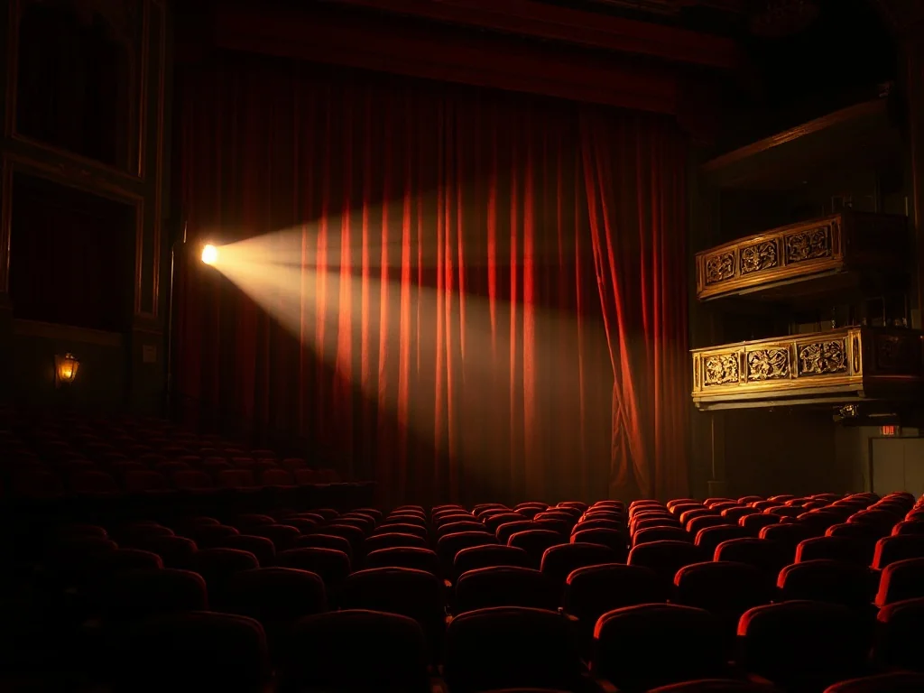 Półmrok starego teatru, reflektor na uchyloną kurtynę sugerującą skandaliczną akcję za kulisami