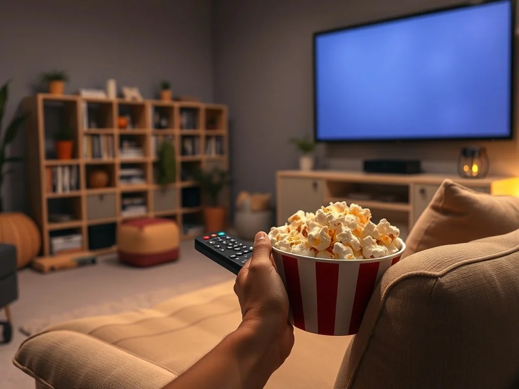 Przytulny salon wieczorem, ktoś z miską popcornu i pilotem gotowy na seans filmowy, półka z DVD w tle.