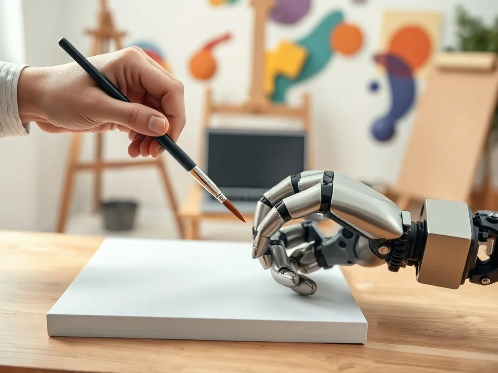 Ludzka dłoń z pędzlem i metaliczna dłoń robota ze stylusem spotykają się nad pustym płótnem, symbol współpracy w sztuce.
