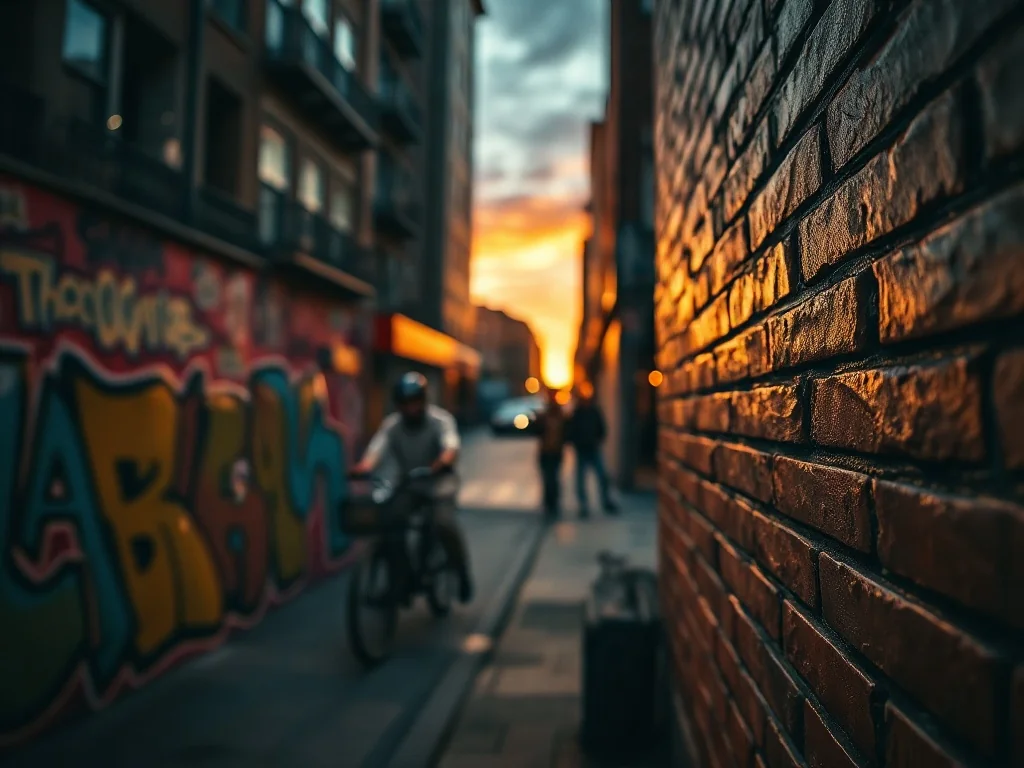 Kolorowe graffiti na ceglanej ścianie o zachodzie słońca, z rozmytym tłem miasta, rowerami i przechodniami.