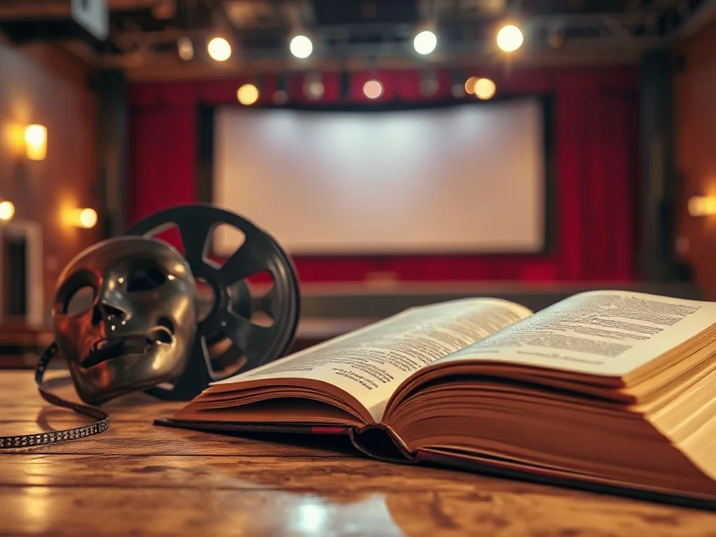 Otwarta książka na stole obok masek teatralnych i taśmy filmowej, symbol łączenia literatury z teatrem i kinem.