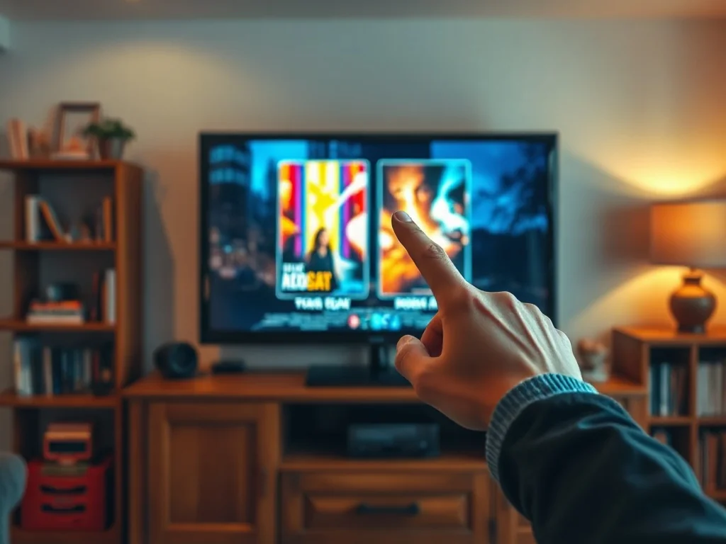 Przytulny salon z telewizorem, na ekranie dwa kolorowe plakaty filmowe obok siebie, sugerujące porównanie oryginału i remake’u.