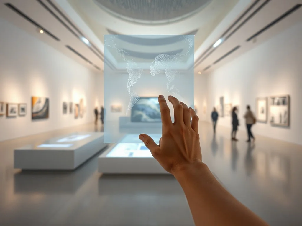 Zwiedzający w futurystycznym muzeum wchodzi w interakcję z holograficznym obrazem w jasnej, cyfrowej galerii sztuki.