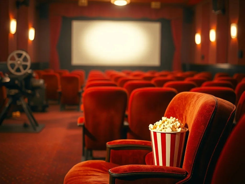 Przytulne stare kino z pustym czerwonym fotelem i popcornem, nostalgiczny nastrój oczekiwania na seans retro.