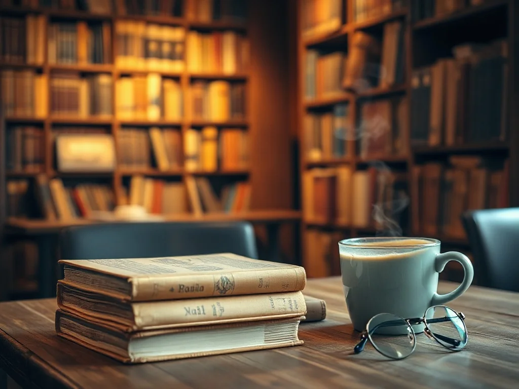 Stos książek bez tytułów, filiżanka kawy i okulary w przytulnej, starej bibliotece – symbol zapomnianych pisarzy.