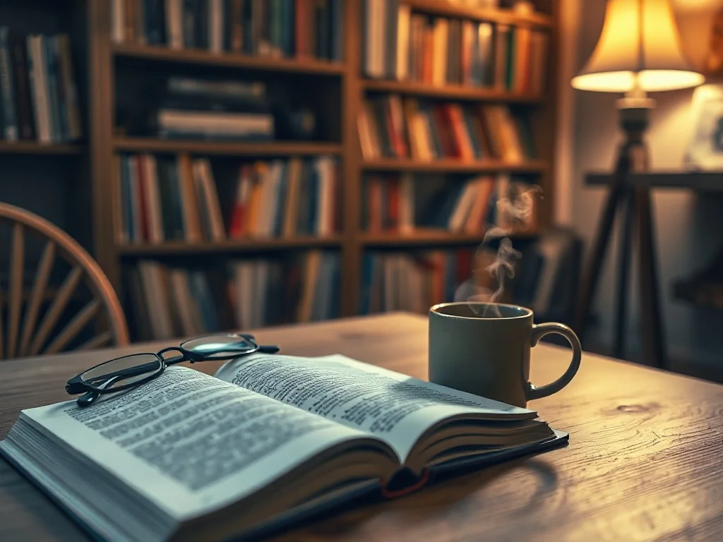 Przytulny kącik do czytania z otwartą książką non-fiction, okularami i kubkiem, w tle półka z książkami w lekkim półmroku.