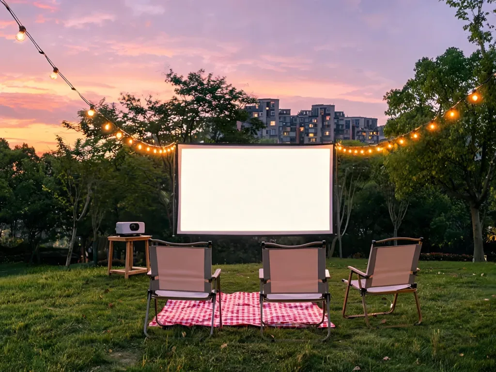 Kameralne kino plenerowe o zmierzchu w parku, jasny ekran, puste krzesła i koc piknikowy, letnia, spokojna atmosfera.
