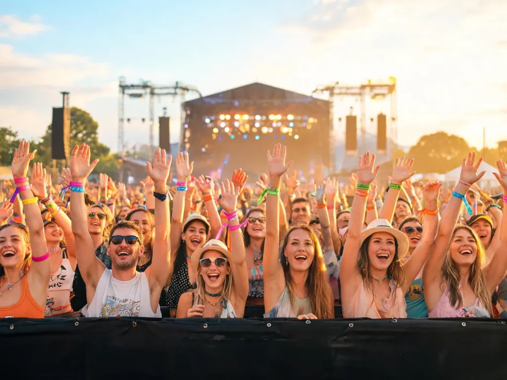Tłum festiwalowej publiczności w letnim słońcu, uniesione ręce i scena plenerowa w tle podczas koncertu w lipcu