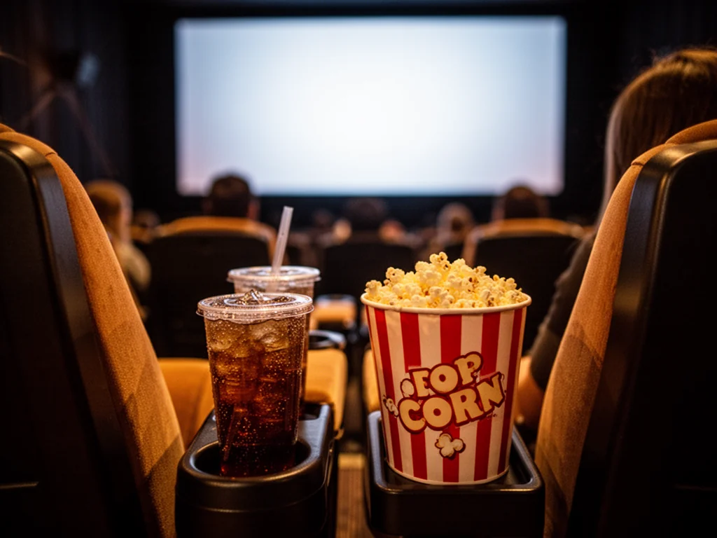 Kubek napoju i kubełek popcornu w wygodnym fotelu Cinema City, tuż przed rozpoczęciem filmu na dużym ekranie