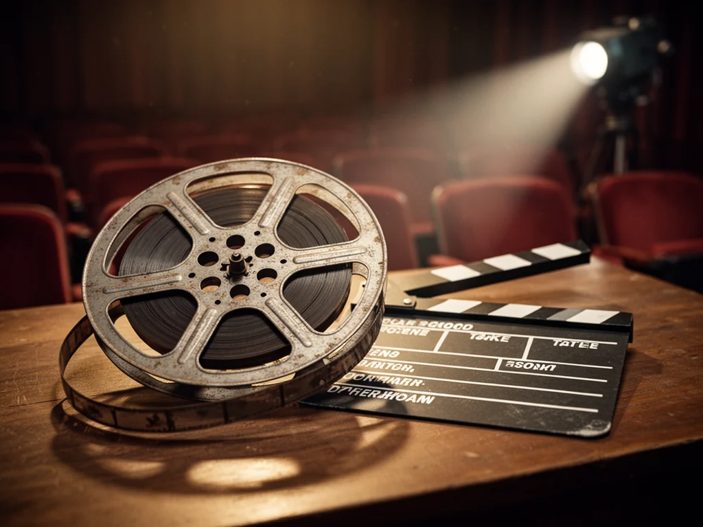Stara taśma filmowa i klaps filmowy na drewnianym stole, przywołujące klimat klasycznego kina i dawnych ekranizacji.