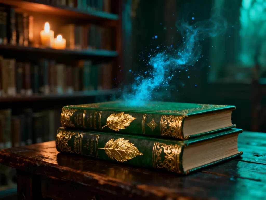 Kolekcja bogato zdobionych tomów serii „Szklany tron” na drewnianym stole w magicznej, bibliotecznej scenerii.