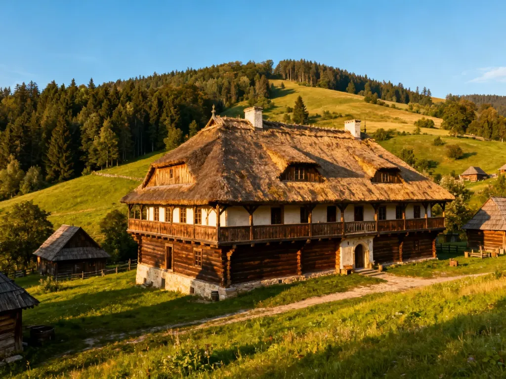 Rustykalna XVII-wieczna wieś z drewnianym dworkiem w otoczeniu zielonych wzgórz, będąca planem zdjęciowym serialu „1670”.