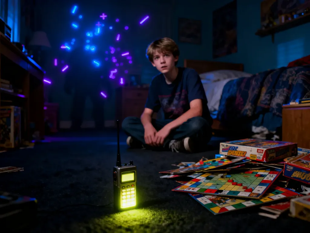 Nastolatek w pokoju w stylu lat 80. z krótkofalówką i neonowymi światłami, nawiązujący do klimatu Stranger Things.