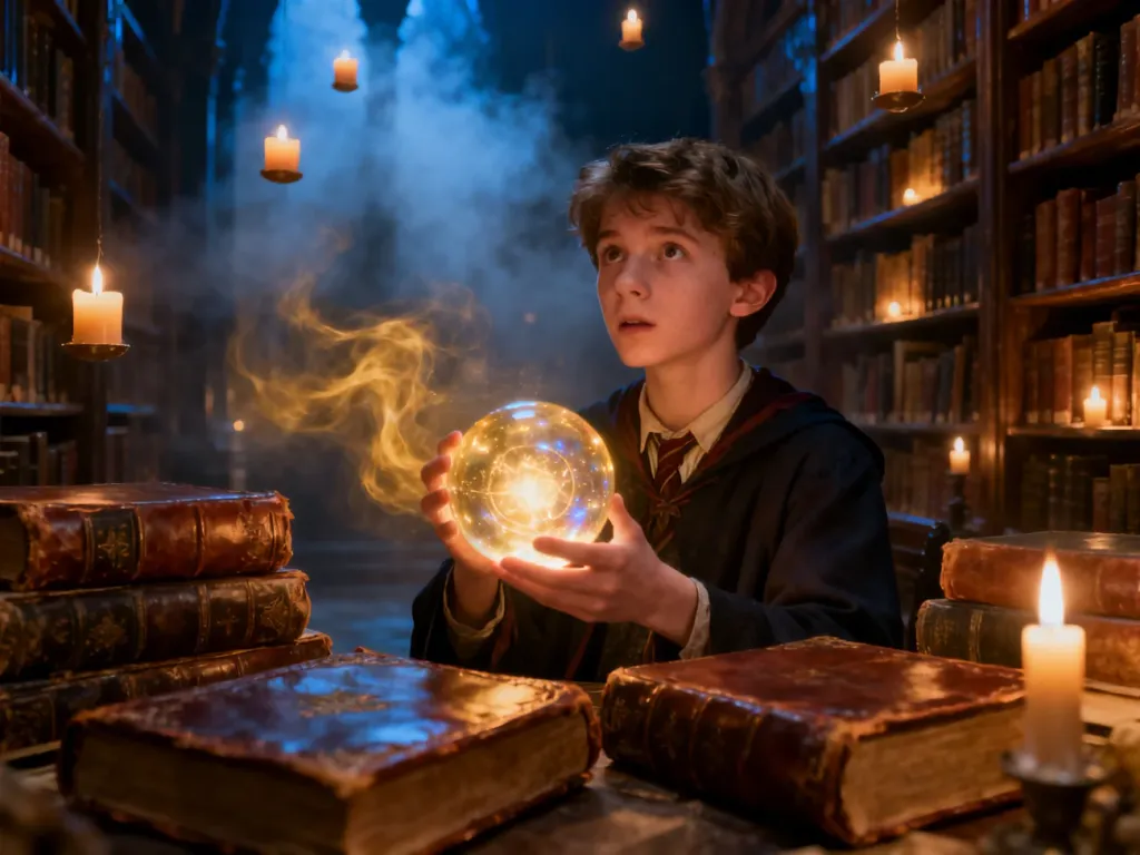 Osoba z magiczną kulą w bibliotece pełnej lewitujących świec, wprowadzająca w klimat filmów fantasy.