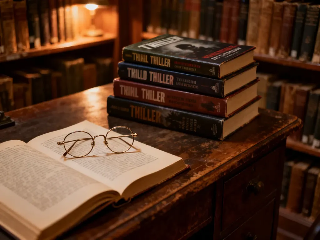 Kolekcja thrillerów Macieja Siembiedy na drewnianym biurku z okularami do czytania w klimatycznym, bibliotecznym otoczeniu.