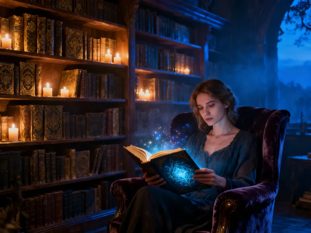 Kobieta czytająca magiczną książkę w nastrojowej bibliotece, wprowadzająca w klimat literatury fantasy.