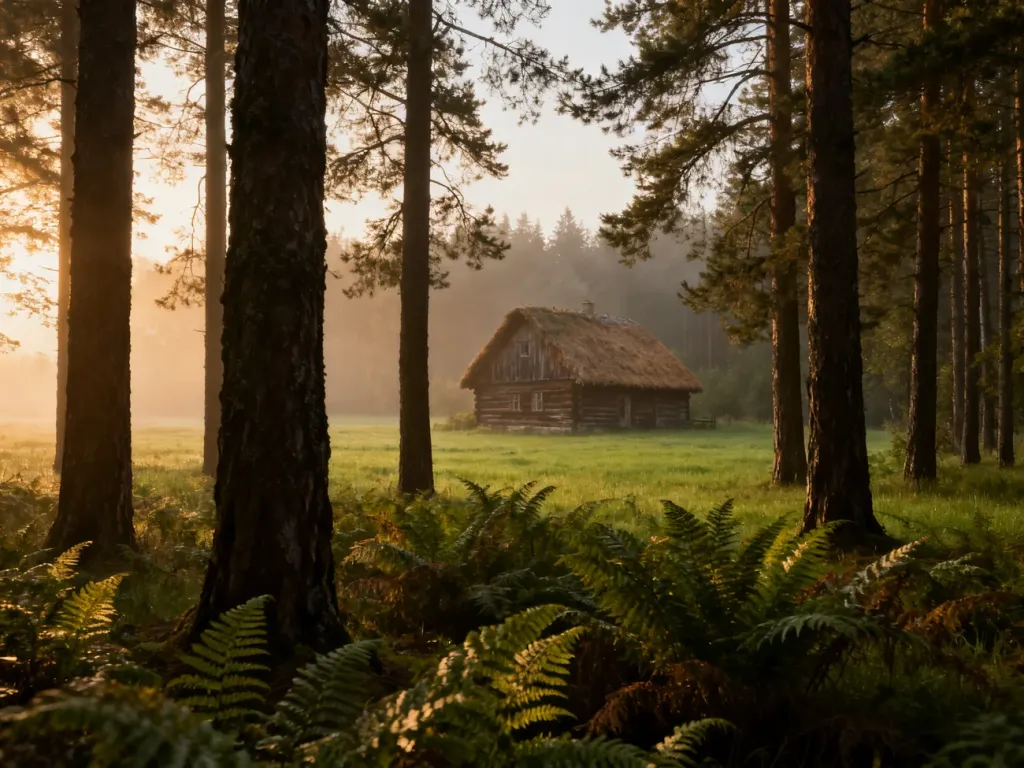 Zamglony, starodawny las na Podlasiu z drewnianą chatą w tle, oddający filmowy klimat regionu.