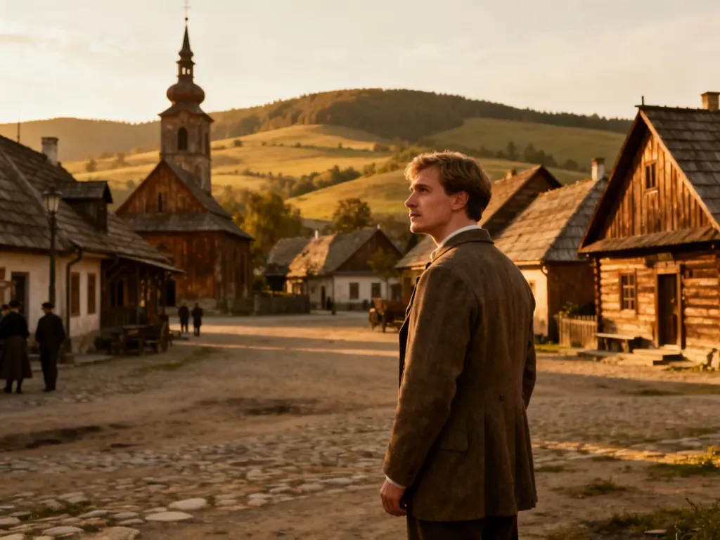 Mężczyzna w stroju z lat 20. na tle urokliwego wiejskiego rynku, przypominającego scenerię z filmu „Znachor”.