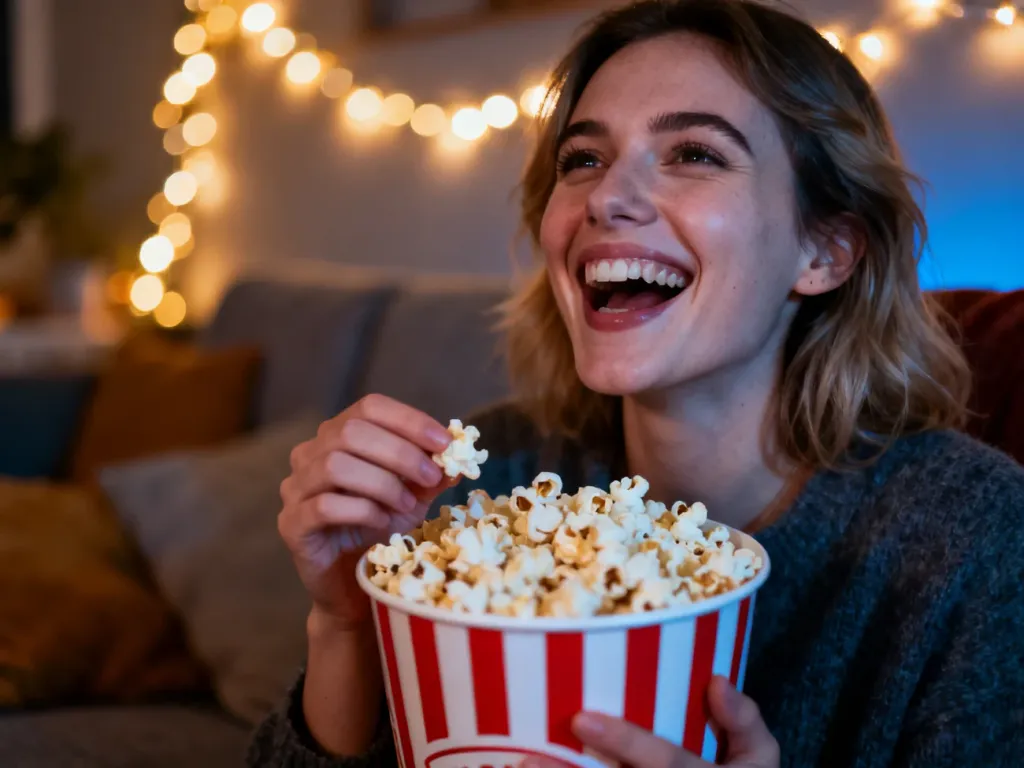 Kobieta śmiejąca się podczas oglądania filmu z popcornem w przytulnym domowym kinie.