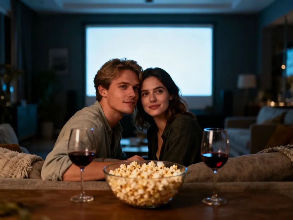 Młoda para siedzi przytulona na kanapie w nastrojowym salonie, oglądając film przy winie i popcornie.