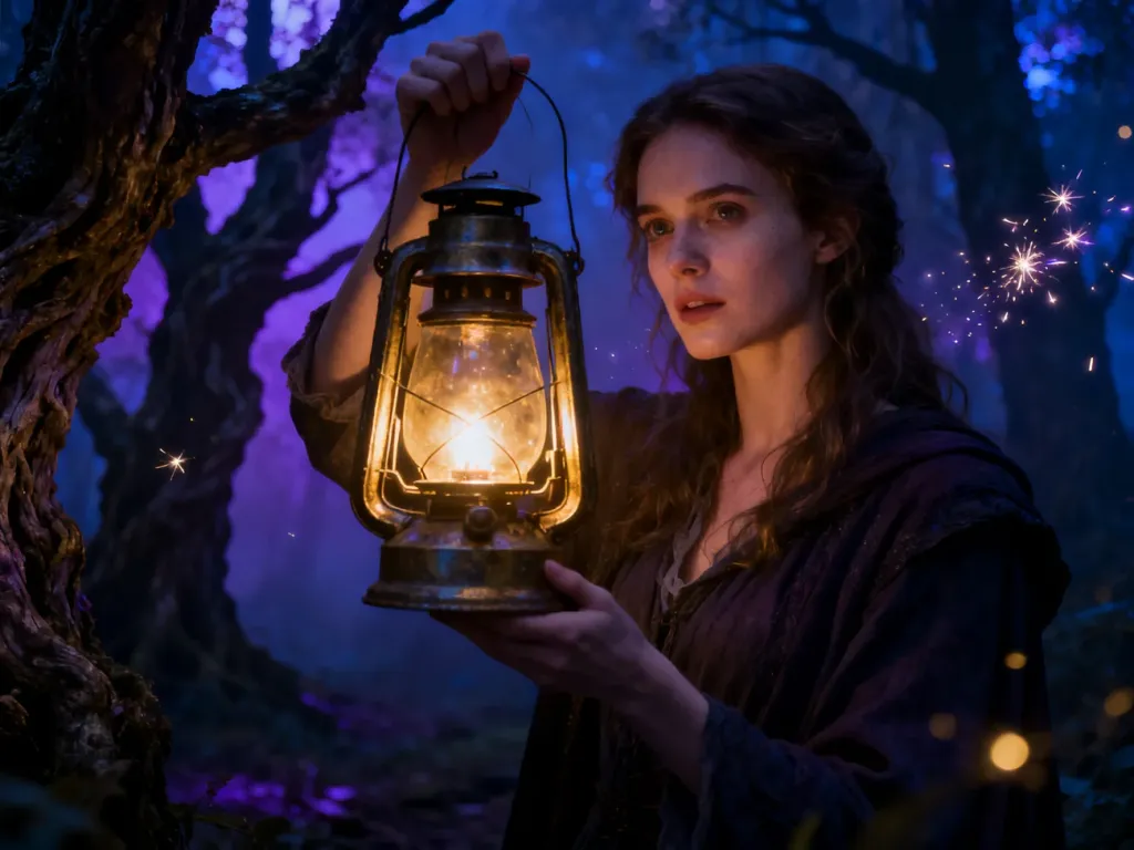 Tajemnicza kobieta z latarnią w mrocznym, magicznym lesie, budująca klimat filmów o czarownicach.