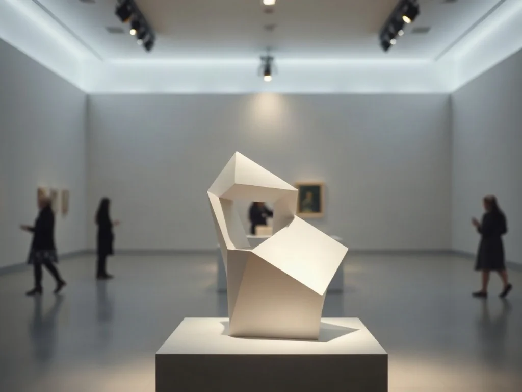 Minimalistyczna rzeźba geometryczna oświetlona punktowo w nowoczesnej galerii sztuki podczas performansu.