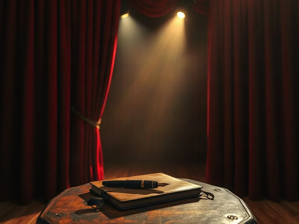 Ciemnoczerwona kurtyna teatralna, puste drewniane deski sceny oraz notatnik z piórem, symbolizujące pracę krytyka teatralnego.