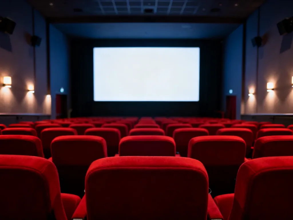 Przytulne, nowoczesne kino w Rzeszowie z rzędami czerwonych foteli i dużym pustym ekranem, nastrojowe oświetlenie, no text on the picture