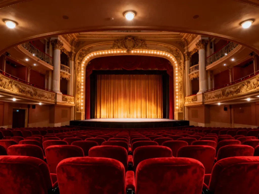 Eleganckie wnętrze zabytkowego teatru w Bielsku-Białej z czerwonymi fotelami i oświetloną sceną, no text on the picture